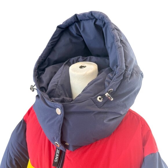 Tommy Jeans Colorblock Long Puffer Coat Red Yellow Blue Navy Size M - Picture 9 of 13